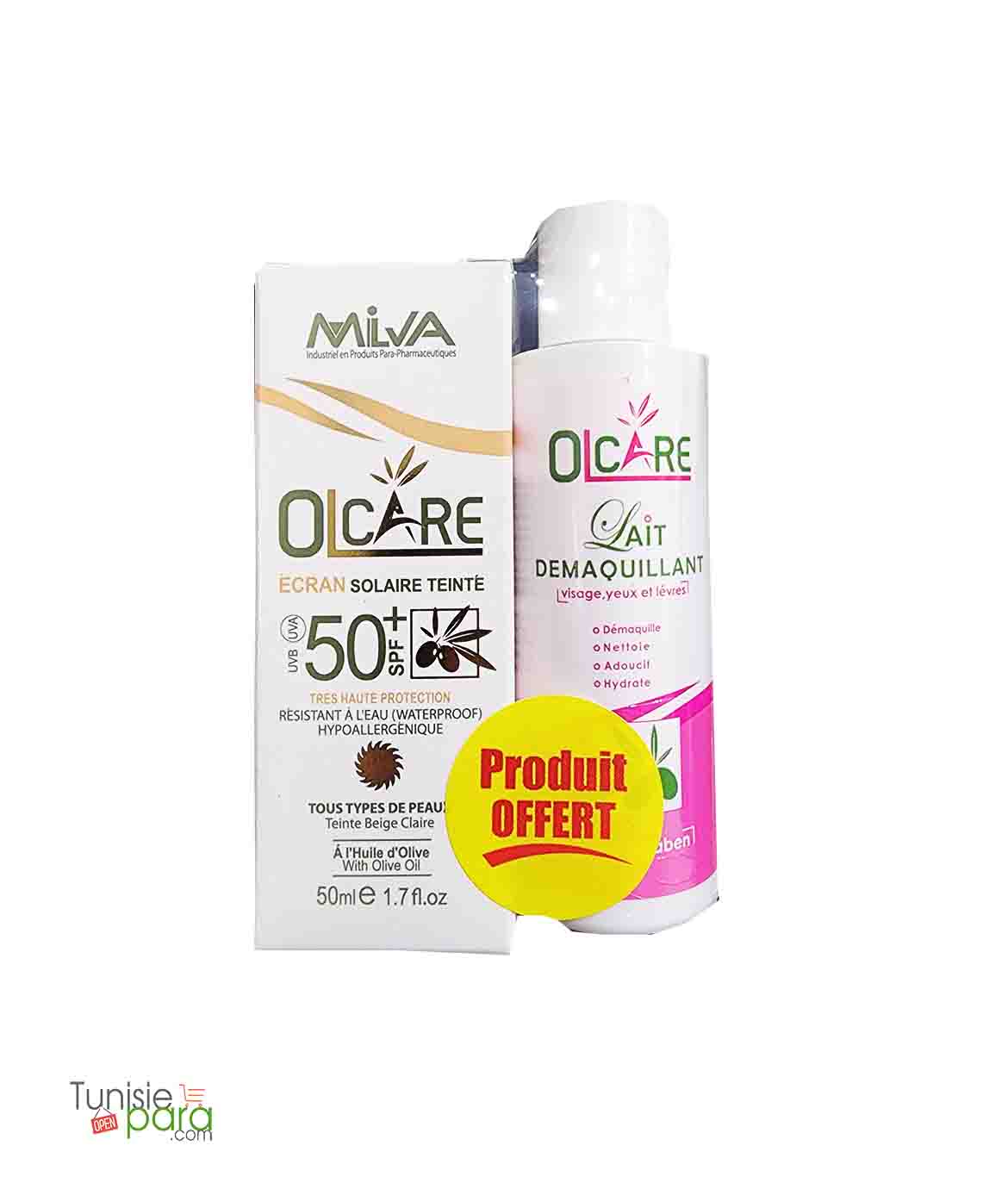 Milva olcare ecran solaire teinte beige claire spf 50+ 50 ml + Lait démaquillante 100 ml offert