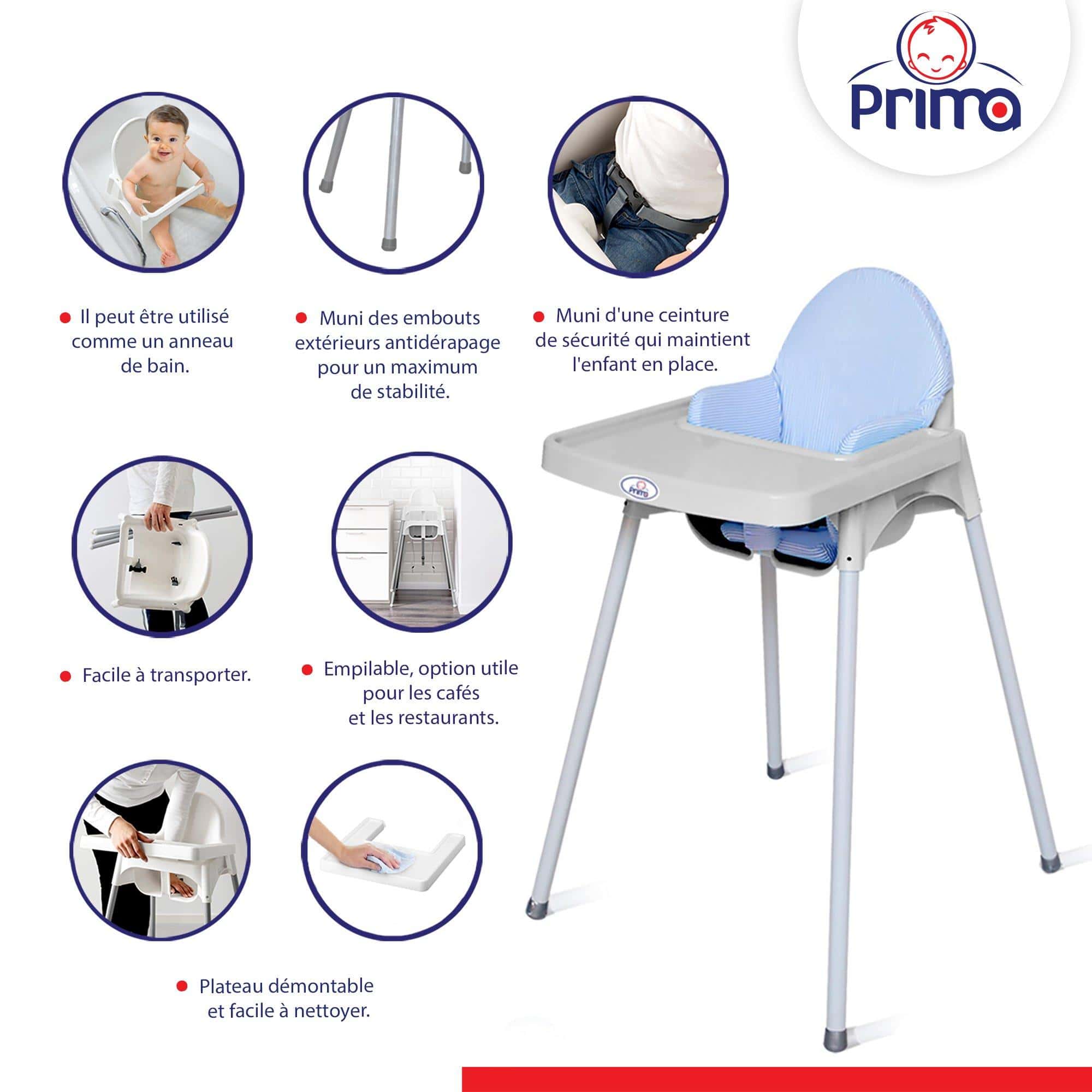 Prima Baby Chaise haute slim grege avec coussin bleu