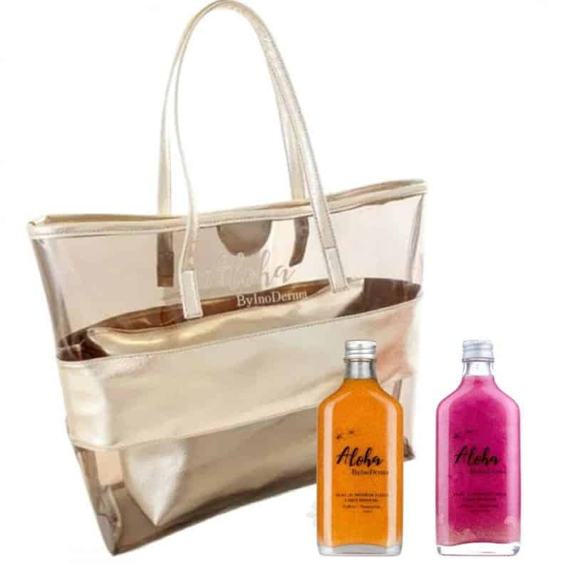 pack aloha HUILE DE MONOI DE TAHITI PAILLETEE GOLD 100ML+HUILE DE MONOI DE TAHITI PAILLETEE PINK 100ML+sac de plage + trousse