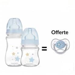canpol pack 2 biberon anti colique col large PP nouveau né + sucette bleu