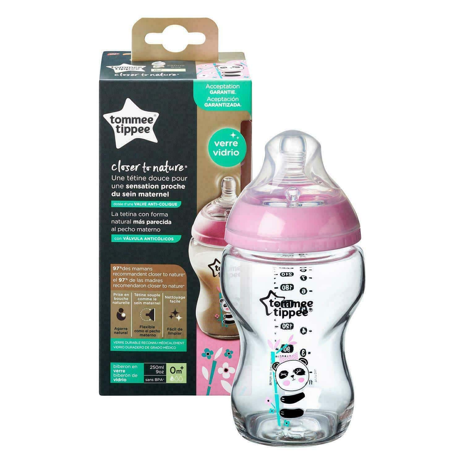 Tommee tippee biberon 250ml ctn en verre panda rose