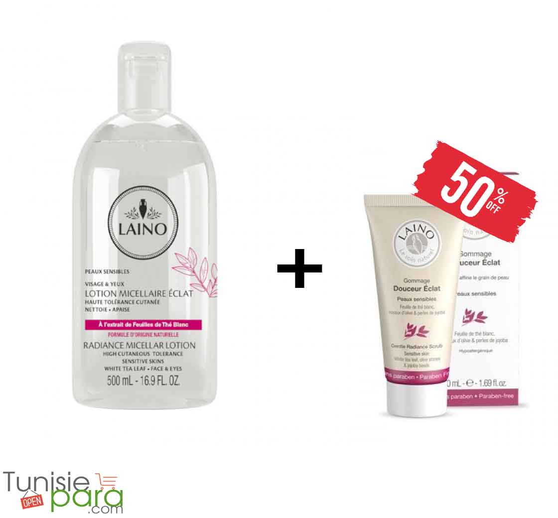 Laino lotion micellaire eclat haute tolérance 500ml+gommage visage