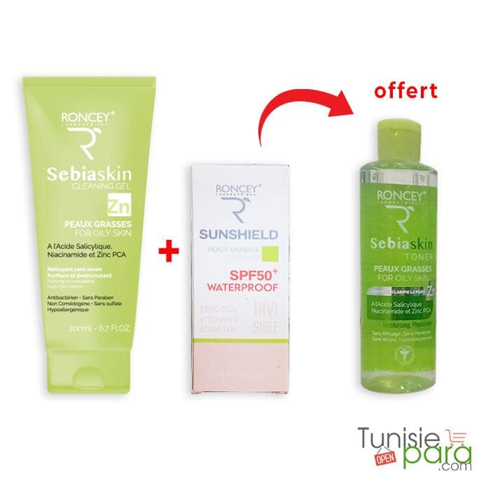 RONCEY PACK Sebiaskin Gel Nettoyant + Sunshield Waterproof Peau Grasse SPF50+ Invisible + Sebiaskin Lotion Tonique (OFFERT)